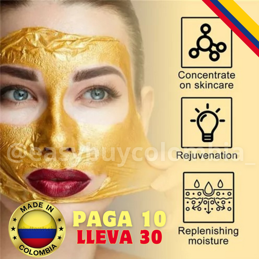 MASCARRILLA DORADA: ✨ ¡Paga 10 Mascarillas, Lleva 30!💛 Lujo y Cuidado Colombiano para Tu Piel 💛💙❤️