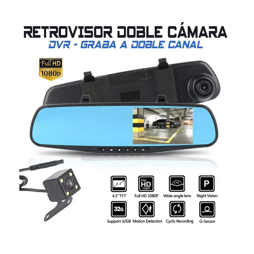 🔥Espejo Retrovisor Doble Camara Full Hd Carro Pantalla 4.3''🏎️